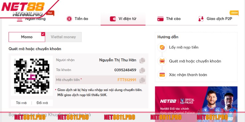 Nạp tiền Net88 - Với 5 kênh thanh toán phổ biến tại nhà cái
