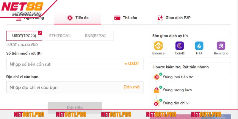 4 bước thực hiện và 4 kênh rút tiền Net88 phổ biến 