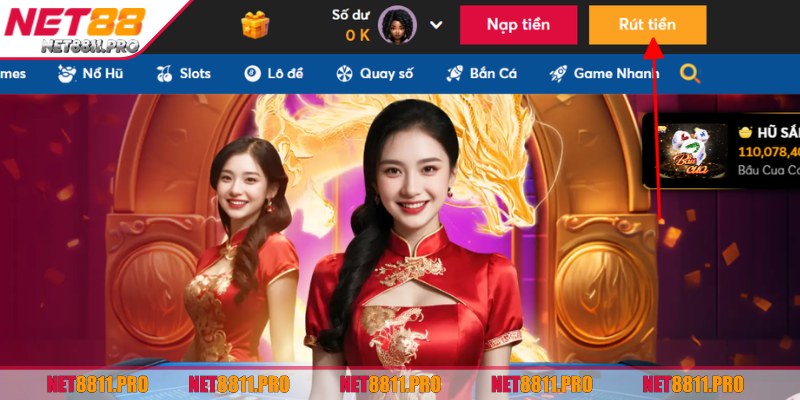 Truy cập vào trang chính hãng Net88 và chọn mục rút tiền